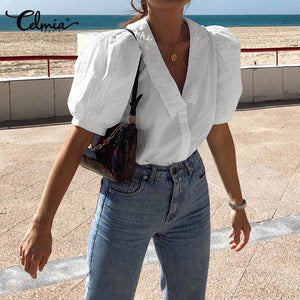 Top Fashion Celmia Women Puff Sleeve Lace Embroidery White Shirts Summer Sexy Deep V-neck Casual Short Sleeve