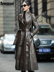 Nerazzurri Autumn long leather trench coat for women belt long sleeve skirted faux leather coat women plus size fashion