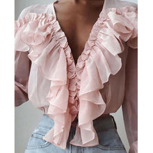 Load image into Gallery viewer, Summer Women Elegant Chiffon Shirt Female Stylish Flounce Top Solid Color V-Neck Sun protection long-sleeved fairy Blouse
