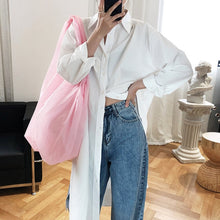 Load image into Gallery viewer, EAM Women White Blue Brief Big Size Long Blouse New Lapel Long Sleeve Loose Fit Shirt Fashion Tide Spring Autumn
