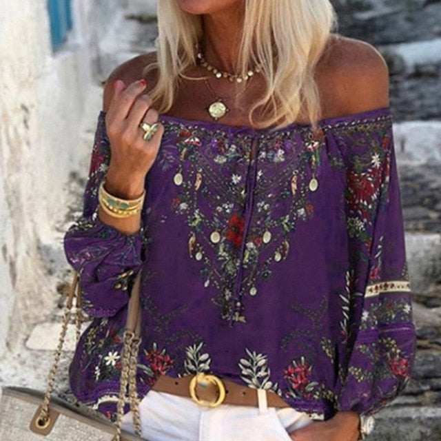Women Sexy Lace-up Tassel Off Shoulder Blouse Shirt Autumn Elegant Floral Print Flare Long Sleeve Tops Ladies Chic Blouses