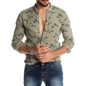 Hawaiian Shirt Long Sleeve Wild Goose Print Button Linen Shirts Summer Camisas Hombre Mens Shirts Casual Slim Fit Blusa New