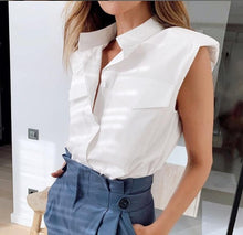 Load image into Gallery viewer, Summer Stand Collar Sleeveless White Shirts Ladies Fashion Padded Shoulder Tops And Blouses
