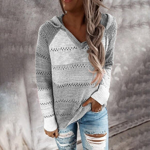 Women's Hollow Out Knitted Hooded Patchwork V-neck Long Sleeve Oversized Pullover Sweater