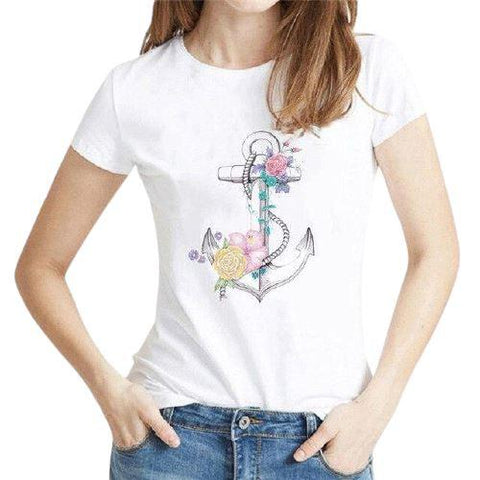 T-Shirt Ancre <br>Femme Dessin Fleurs T-Shirt Espace Marin 