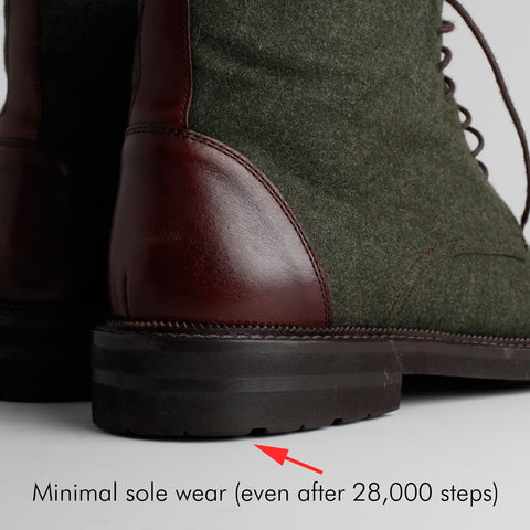 heel of boot with text "minimal sole wear (even after 28k steps)