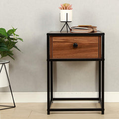 CLIVE Mid-Century Style Walnut Colour Bedside Table Nightstand End Table With Black Metal Frame (BC-02)