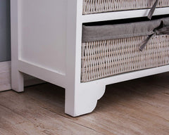 White Paulownia Wood Sideboard Drawer Chest with Carved Cabinet Doors & Wicker Baskets