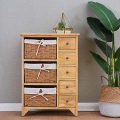Paulownia Original Wood Colour 5-Layer Cabinet Drawer Chest with Wicker Baskets