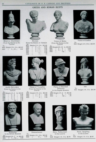 scanned page of P.P. Caproni and Brother catalog showing black and white photos of twelve plaster casts of famous bust sculptures