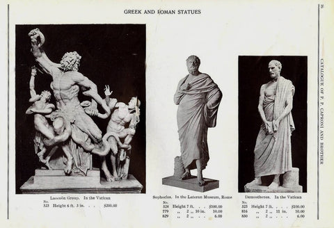 scanned page of P.P. Caproni and Brother catalog showing black and white photos of three plaster casts of famous sculptures