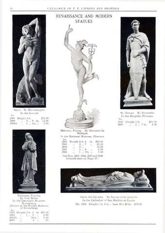 scanned page of P.P. Caproni and Brother catalog showing black and white photos of five plaster casts of famous sculptures