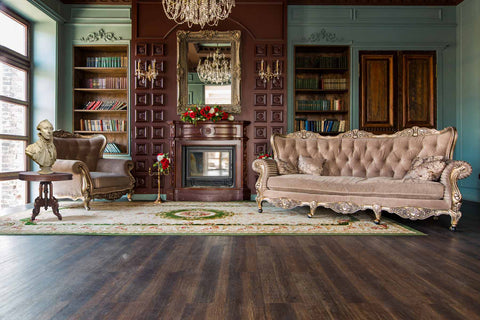 photo of living room with ornate brown couch and chair, oriental rug, and General Lafayette plaster bust sculpture in front of large dark wooden fireplace and bookshelves embedded in light green walls