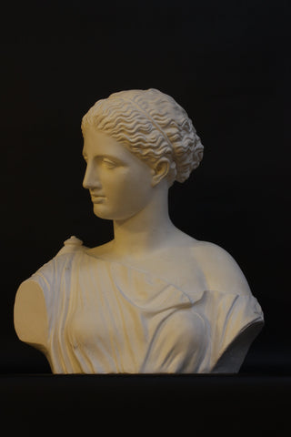 photo of plaster cast of ancient female bust with black background