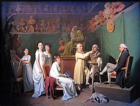 painting of Houdon's art studio with green backdrop hung on wall, busts on shelves above, Houdon and his sitter toward the right with four other people to the left
