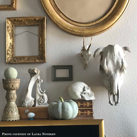 Photo of a still life including a plaster cast sculpture of a skull, a plaster cast sculpture of a Renaissance bracket leaning against a bone, empty picture frames, and other eclectic items on a shelf