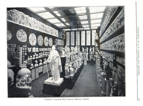 scanned page of P.P. Caproni and Brother catalog showing black and white photo of the gallery with statues, busts, reliefs, and other sculptures