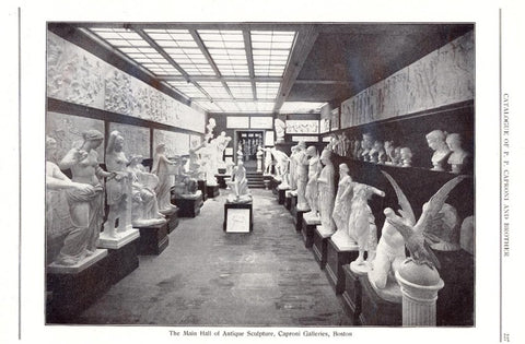scanned page of P.P. Caproni and Brother catalog showing black and white photo of the gallery with statues, busts, reliefs, and other sculptures