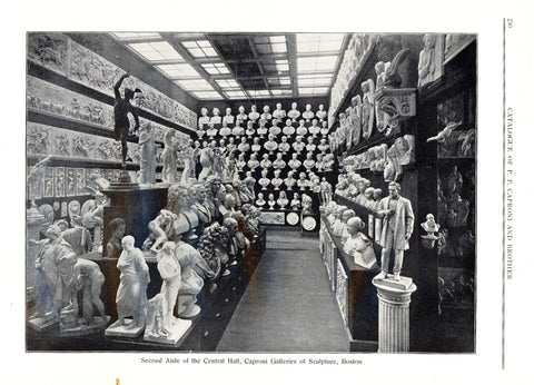 scanned page of P.P. Caproni and Brother catalog showing black and white photo of the gallery with statues, busts, reliefs, and other sculptures