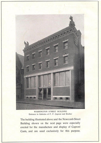 scanned page of P.P. Caproni and Brother catalog with black and white photo of Caproni building facade with large storefront and with gargoyles on roof front corners on Washington Street in Boston