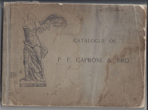 scanned dark tan cover of P.P. Caproni and Brother catalog with sketch of Victory of Samothrace sculpture on it