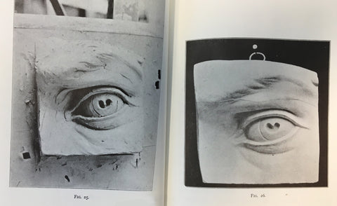 two scanned pages from Lanteri's book with black and white photos of plaster cast of eye from Michelangelo's David on the right and clay model of it on the left