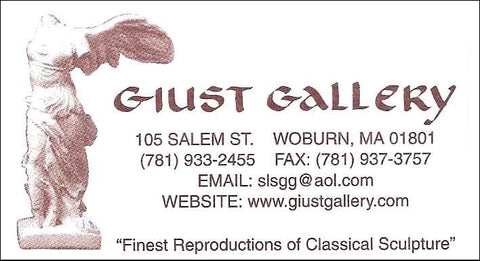 scan of Giust Gallery business card with white background, red font, and Victory of Samothrace