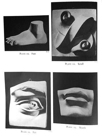 scanned page of Putnam's book with black and white photos of plaster cast sculptures of foot, scroll, eye, and mouth