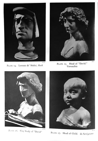 scanned page of Putnam's book with black and white photos of three plaster cast bust sculptures and one clay model of one of the busts
