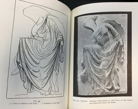 two scanned pages from Lanteri's book with black and white photos of plaster cast of Nike Fixing Her Sandal on the right and sketch of it on the left