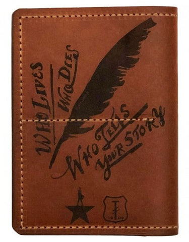 Photo of one side of brown leather passport wallet with lyrics, quill, and logos in black