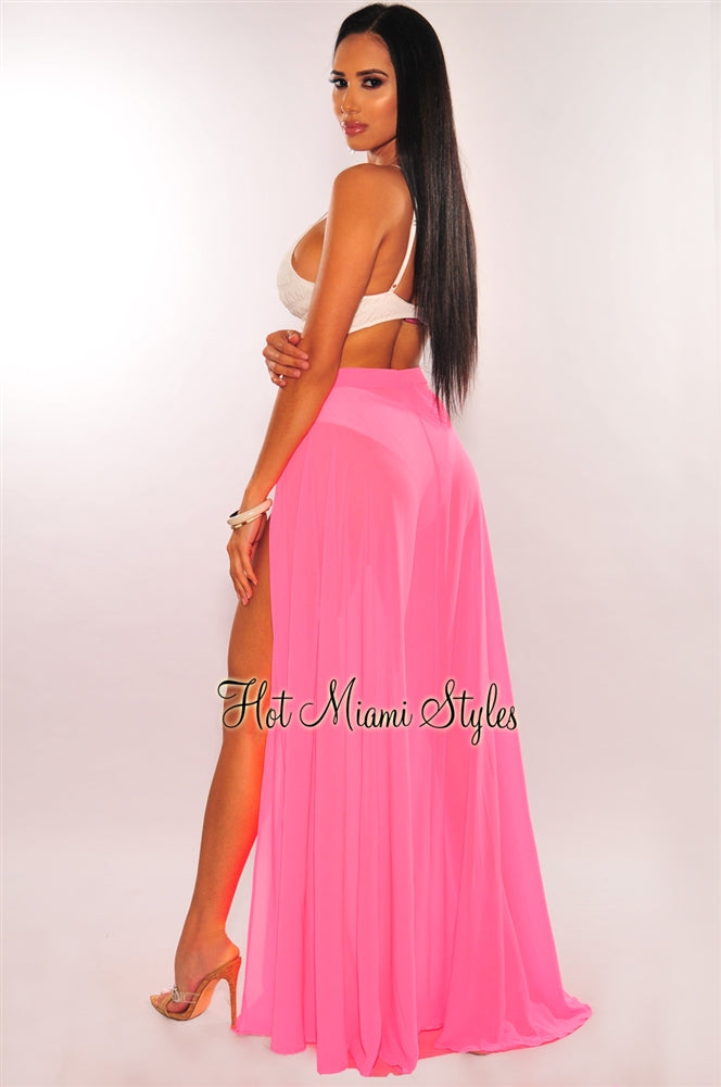 Neon Pink Sheer Wrap Maxi Skirt – Hot 