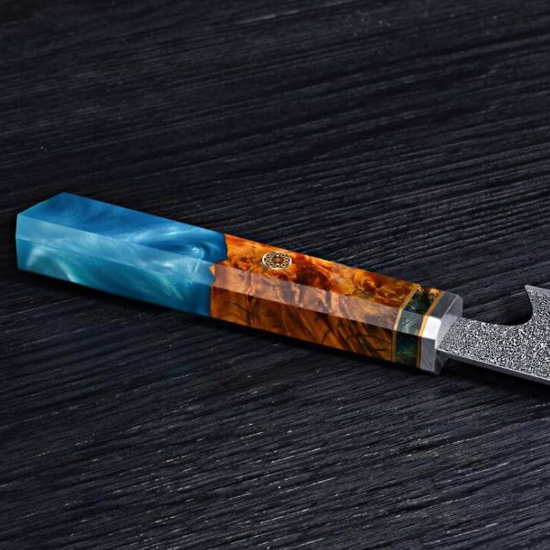 Kiritsuke Knife Japanese Damascus Steel Blue Resin Epoxy Wood Handle