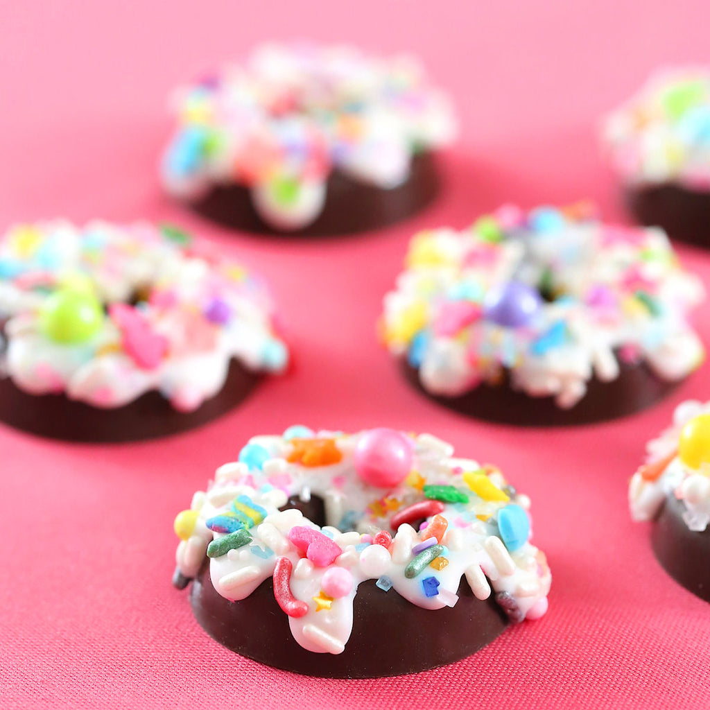 Candy Chocolate Doughnuts with Sprinkles | www.bakerspartyshop.com