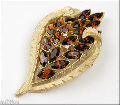 Vintage Trifari Smoked Topaz Rhinestone Floral Leaf Brooch Pin Set Earrings 1960's