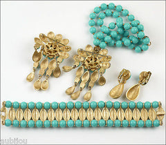 Vintage Trifari Faux Turquoise Blue Cabochon Parure Necklace Brooch Pin Bracelet