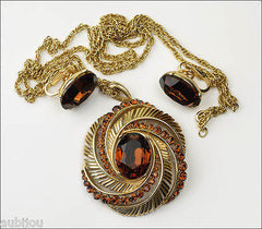Vintage Trifari Smoked Topaz Rhinestone Floral Fern Set Pendant Bracelet Parure 1960's