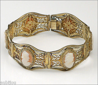 Vintage Silver Jewelry Antique Greek Roman Goddess Bracelet - Art Deco Gift for Her Italian Souvenir Bracelet Cameo Shell Bracelet