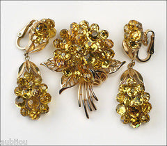 Vintage Trifari Briolette Light Topaz Rhinestone Brooch Pin Set Drop Earrings