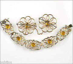 Vintage Sterling Silver Topaz Rhinestone Bracelet Chatelaine Brooch Pin Set 1940's