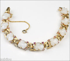 Vintage Trifari Fruit Salad White Moonstone Cabochon Leaf Bracelet Set Earrings