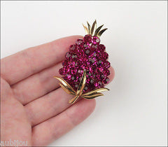 Vintage Trifari Briolette Fuchsia Rhinestone Pineapple Fruit Brooch Pin Set 1960's