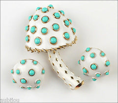 Vintage Crown Trifari White Enamel Turquoise Beads Mushroom Brooch Pin Set 1960's