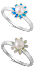 Opal and Fresh Water Pearl Flower Rings