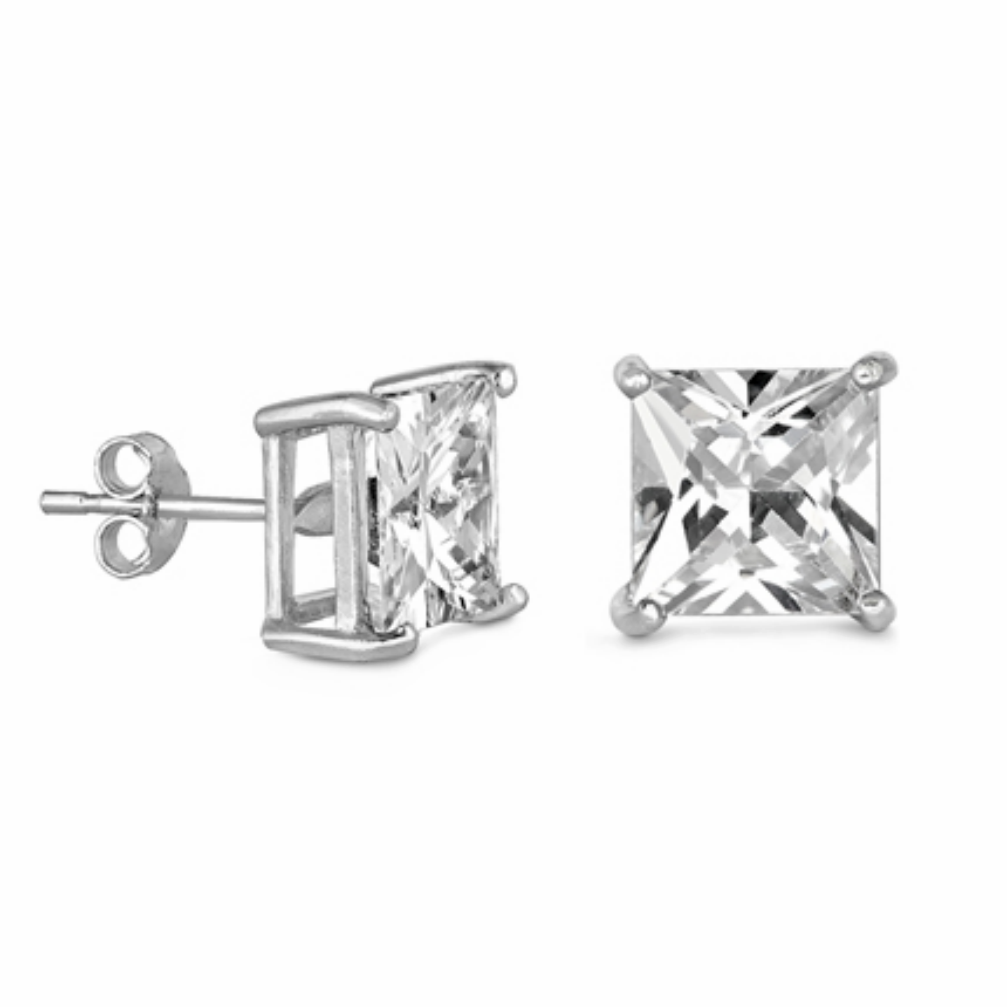 Square Glitzs Jewels 925 Sterling Silver Cubic Zirconia CZ Stud Earrings for Women Clear 10mm 