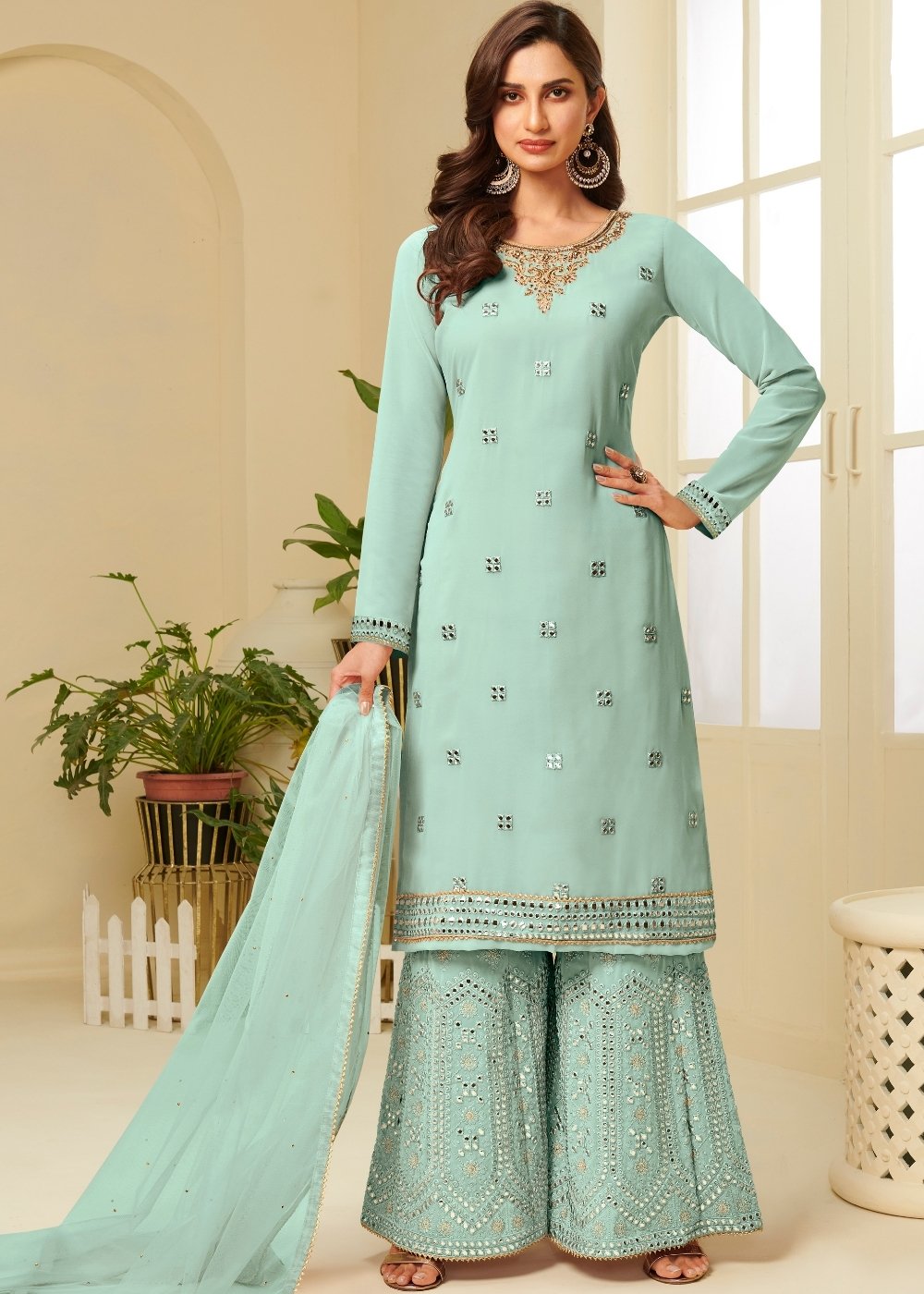 Powder Blue Georgette Sharara Suit with Gota work & Embroidery ...