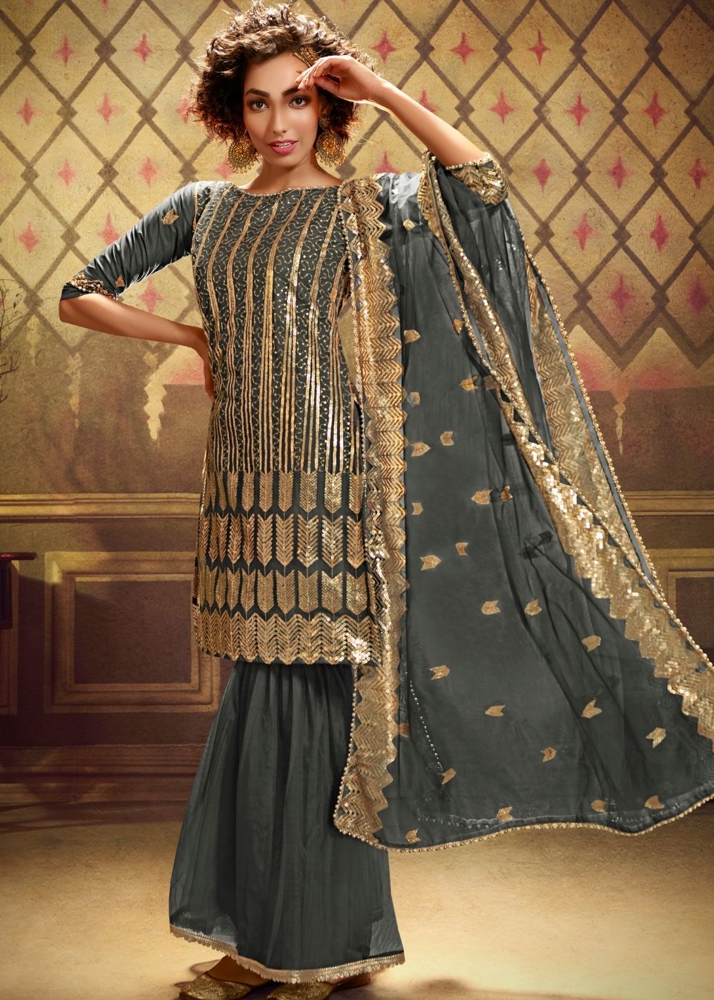 Anchor Grey Designer Soft Net Sharara Suit with overall Sequins ...