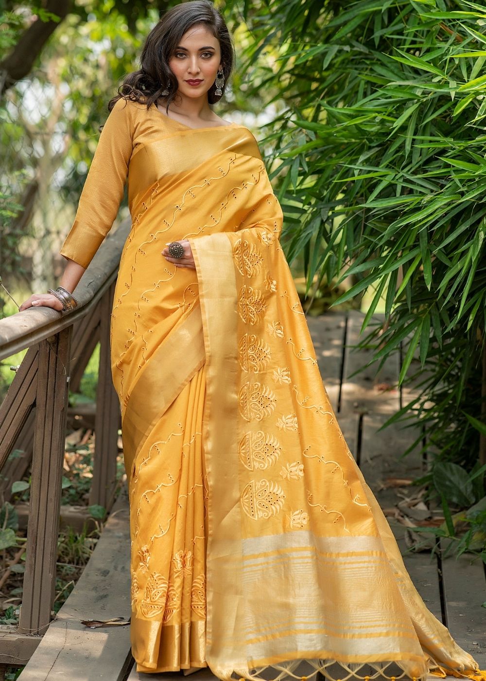 Gold Yellow Assam Silk Saree with Cut-Work Embroidery – Ethnos