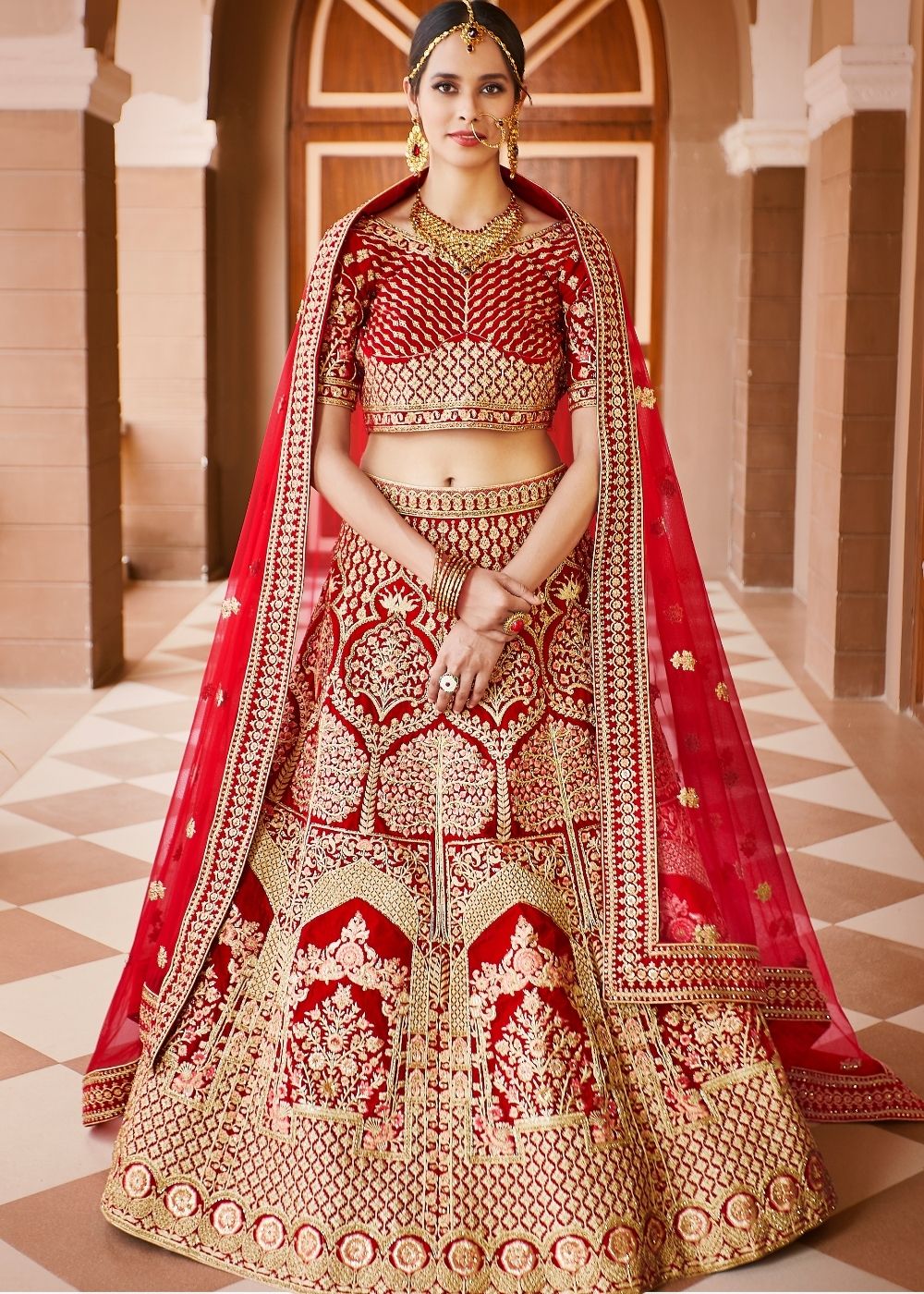 Crimson Red Velvet Bridal Lehenga Choli with Embroidery & Hand ...