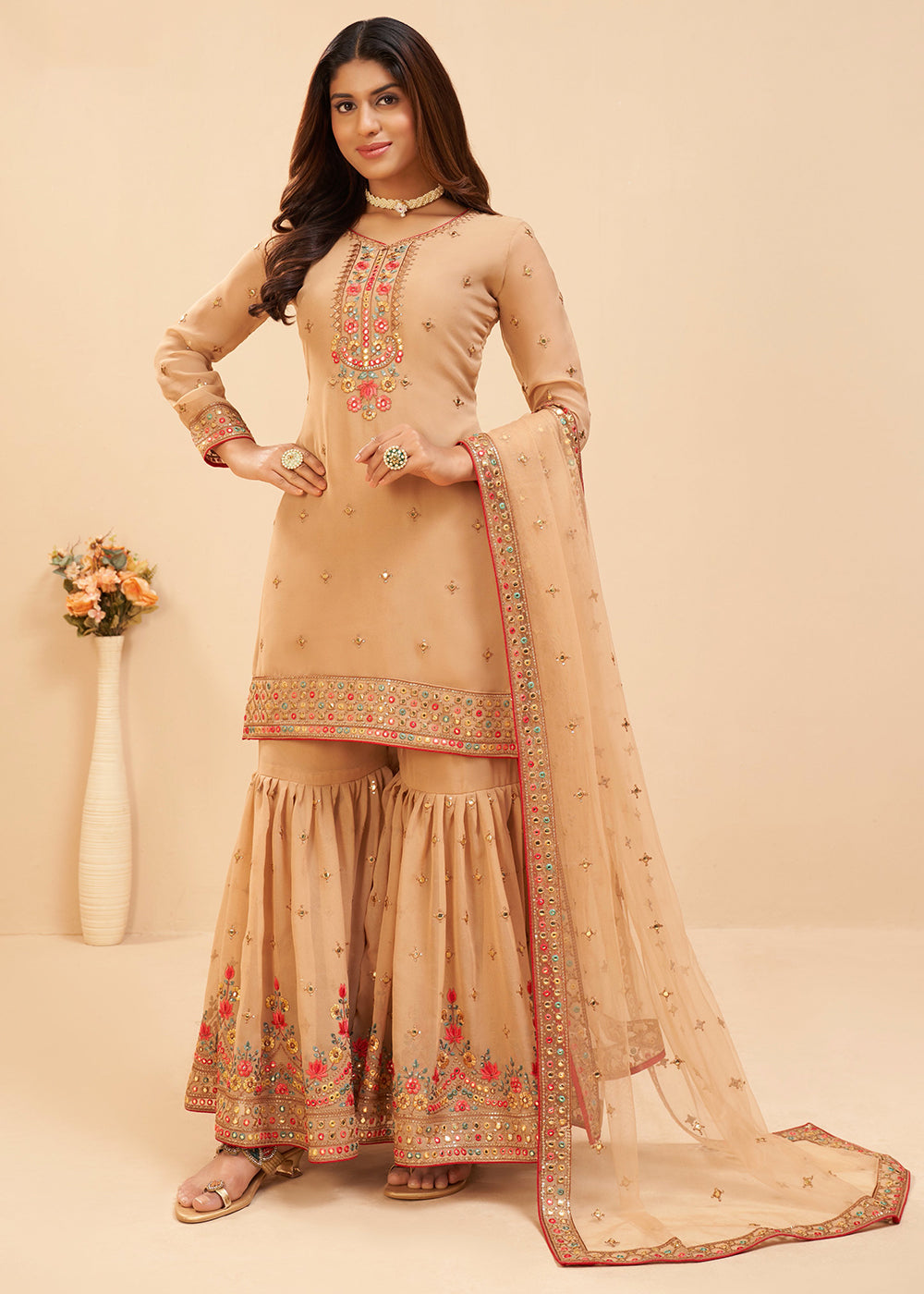 Chikoo Brown Georgette Sharara Suit with Thread, Sequins work ...